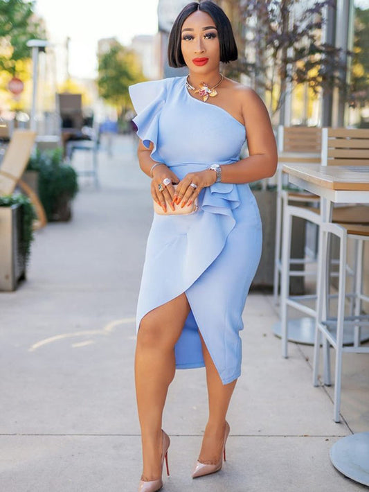 Women's One Shoulder Irregular Ruffled Midi Dress Light Blue / M