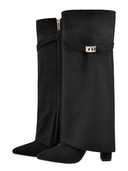 Fold Chunky Heel Knee High Boots Apricot Leather / 7.5/8