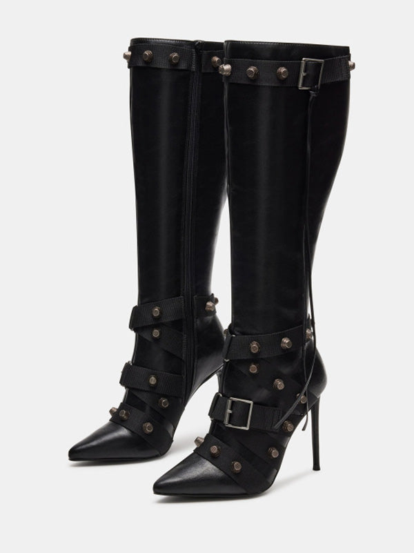 Studded Buckled Strap Leather Boots Black / 5/5.5