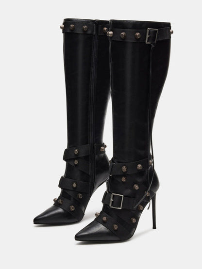 Studded Buckled Strap Leather Boots Black / 5/5.5