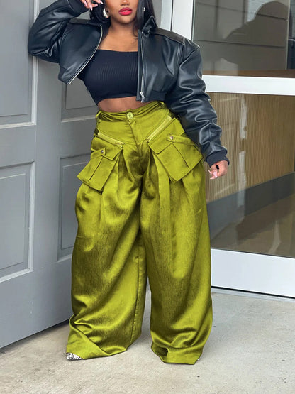 Cargo Pocket Wide Leg Pants Black / M