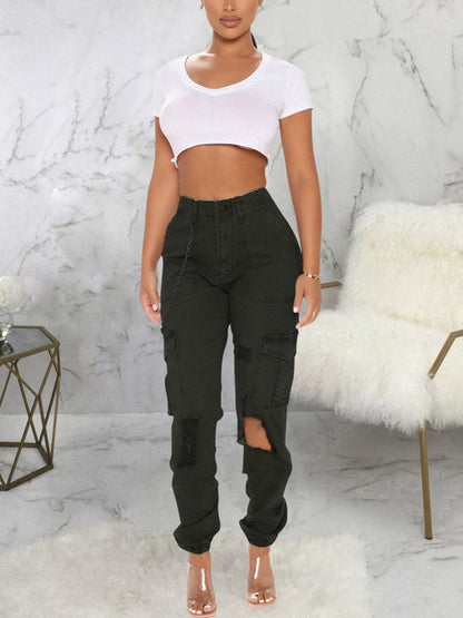 Ripped Camo Cargo Pants Black / L