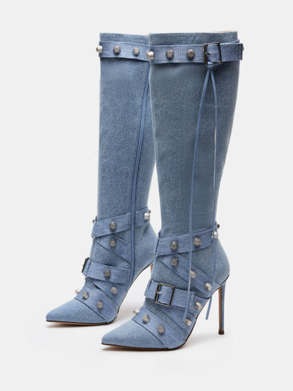 Studded Buckled Strap Leather Boots White / 8.5