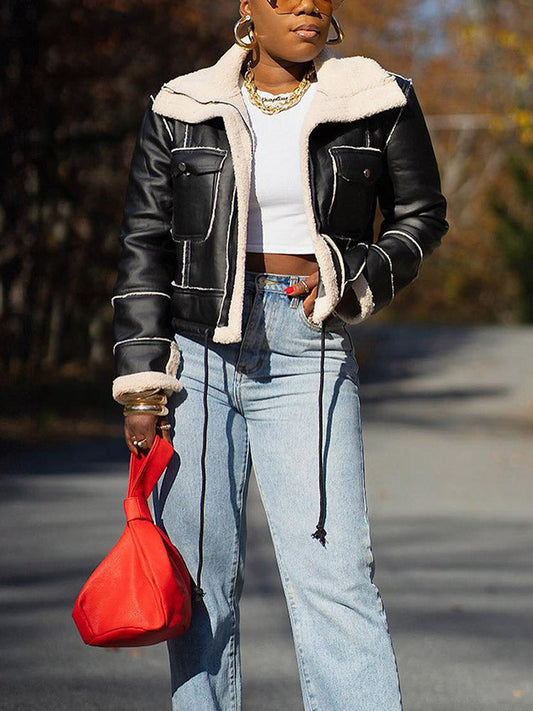 Leather Shearling Crop Jacket Black / S