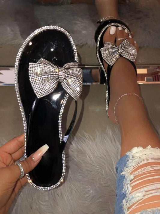 Bow Rhinestone Flip-Flops Sandals Black 1 / 5/5.5