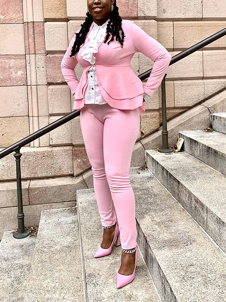 Solid Ruffle Blazer Pants Set Pink / S