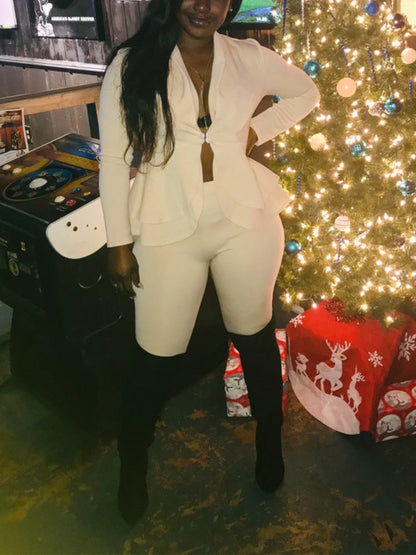 Solid Ruffle Blazer Pants Set White / 2XL