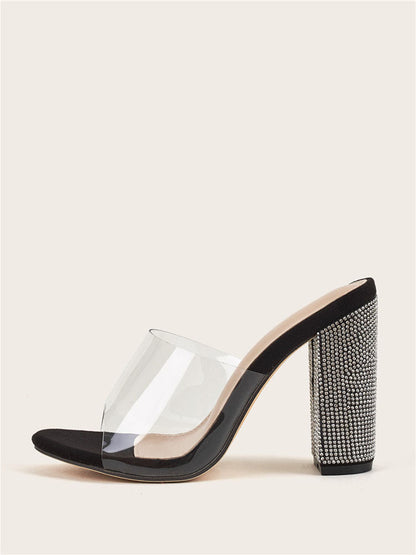 Rhinestones Transparent Chunky Heel Khaki / 9/9.5