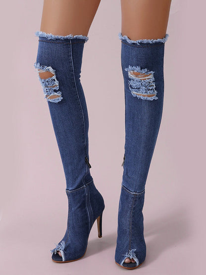 Peep Toe Over The Knee Denim Boots Blue / 6.5/7