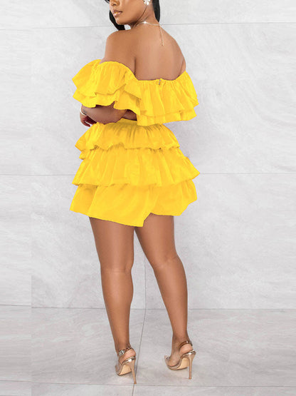 Ruffle Crop Top Shorts Set Yellow / L