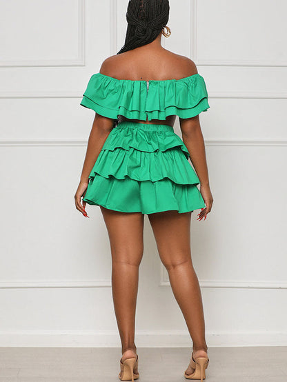 Ruffle Crop Top Shorts Set Rose / M