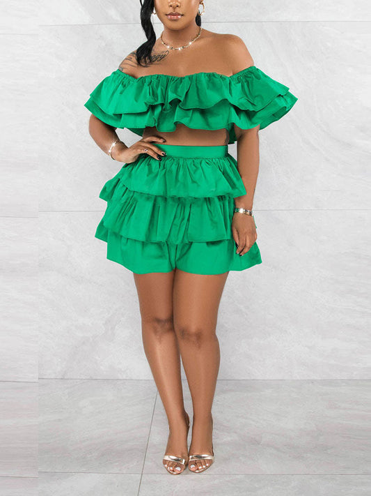 Ruffle Crop Top Shorts Set Green / S
