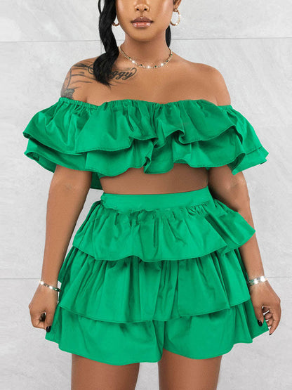 Ruffle Crop Top Shorts Set Green / M