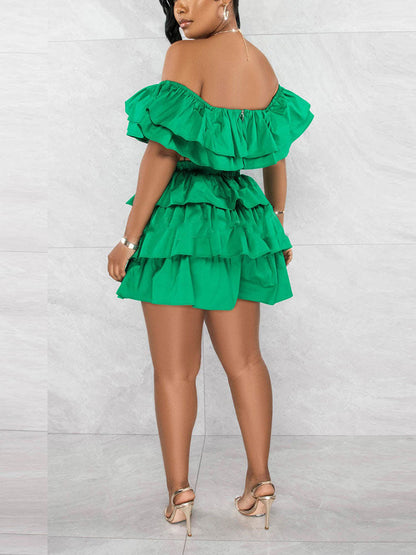 Ruffle Crop Top Shorts Set Green / L