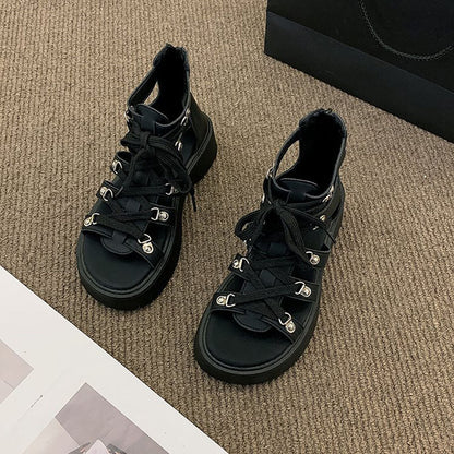 Thick-Sole Lace Up Roman Sandals Black / EU:36:US Women's 5-5.5