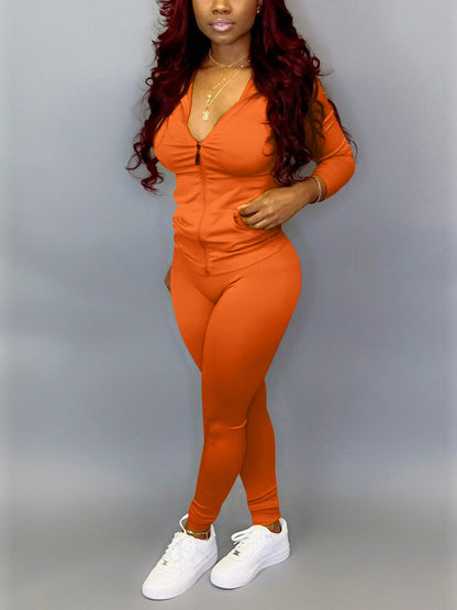Hooded Zipper Solid Set Orange / XL