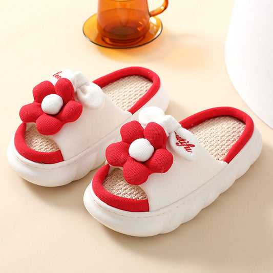 Cute Flower Decor Linen Slippers Red / EU:35-36:US Women's 4-5.5