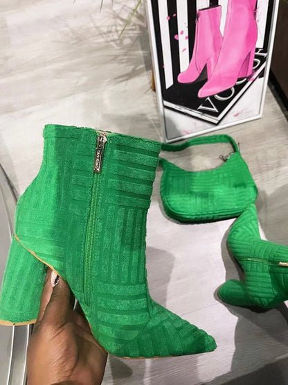 Towel Pointed Toe Chunky Heel Boots Green / 5/5.5