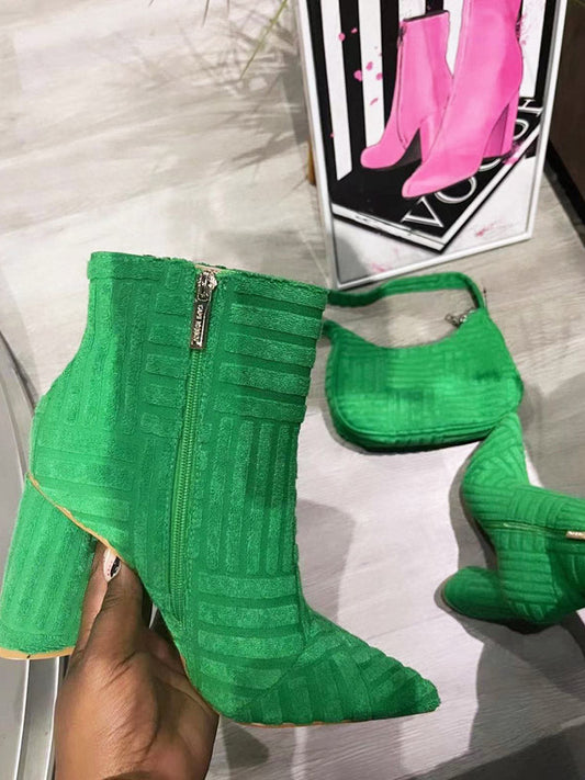 Towel Pointed Toe Chunky Heel Boots Green / 5/5.5