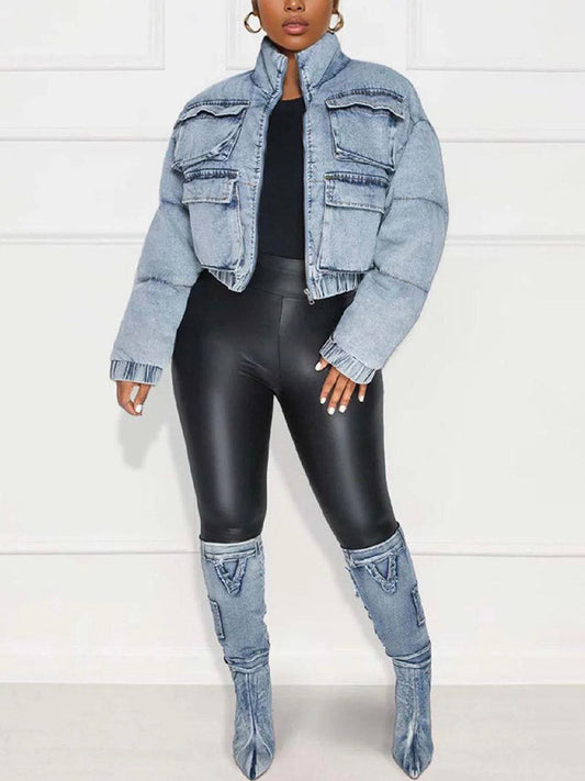 Denim Cargo Pockets Puffer Jacket Blue / S