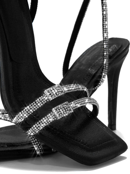 Rhinestones Ankle Strap Heels Black / 7.5/8