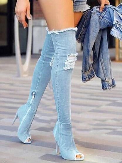 Peep Toe Over The Knee Denim Boots Sky Blue / 4/4.5