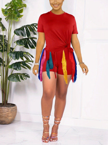Colorful Fringe Shorts Set Dark Green / L