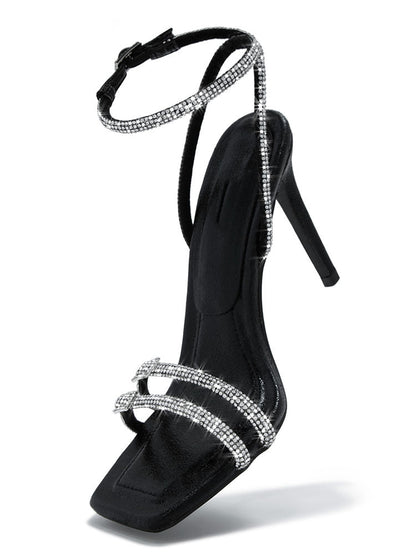 Rhinestones Ankle Strap Heels Black / 6.5/7