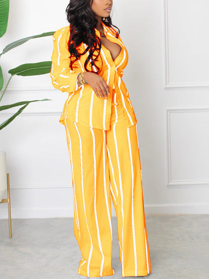 Striped Shirt Wide Pants Set Blue / L