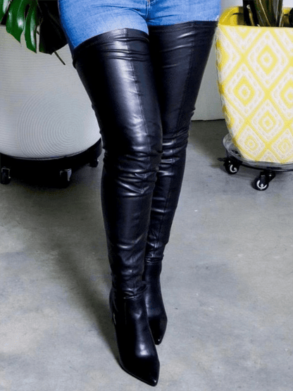PU Leather Flat Over Knee Boots Chunky Heel / 5/5.5