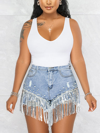 Sequin Tassel Pearl Denim Shorts Blue / S