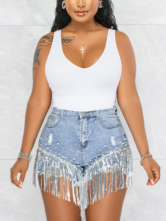 Sequin Tassel Pearl Denim Shorts Blue / S