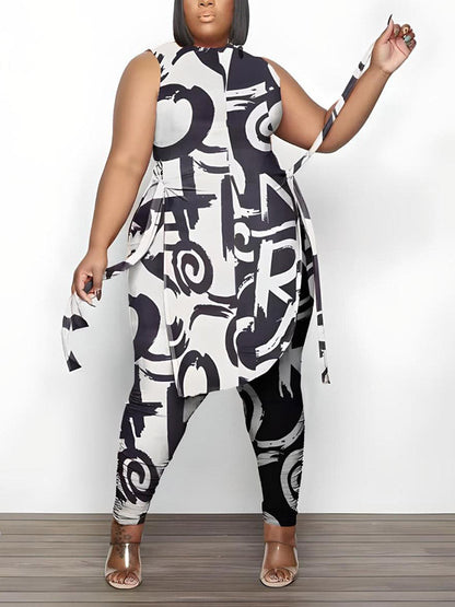 Printed Sleeveless Top Jogger Set Gray / 3XL