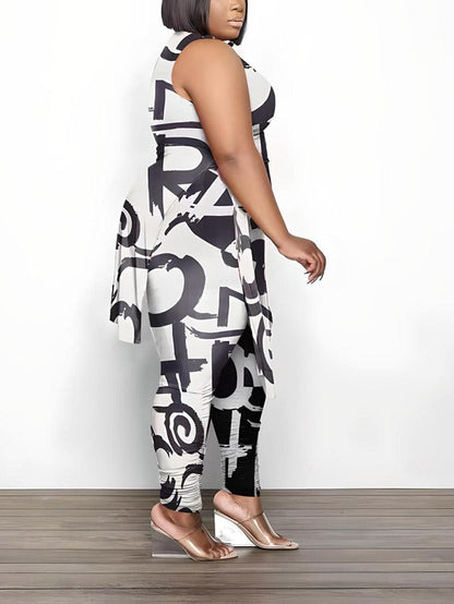 Printed Sleeveless Top Jogger Set Red / 3XL