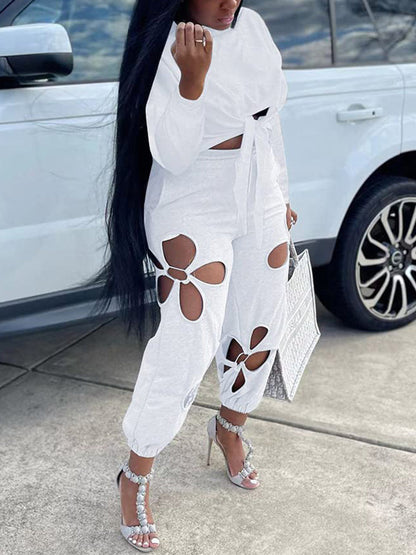 Tie Top Cutout Pants Set Blue / XL