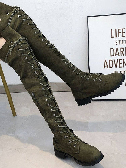 Lace Up Flat Suede Boots Army Green / 8.5
