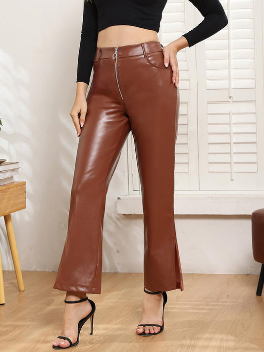 Leather Zipper Split Hem Pants Brown / XS