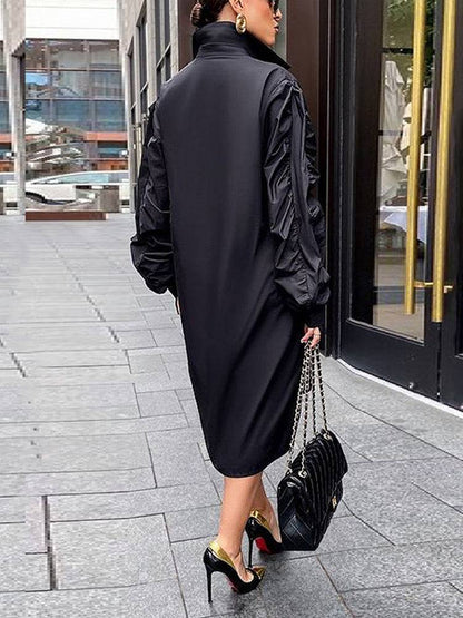 Turndown Collar Long Sleeve Shirt Dress Black / M