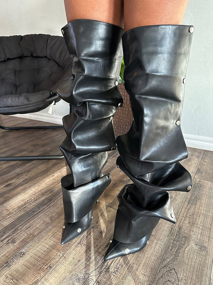 Handcrafted  Leather Press Stud Knee-High Boots Black / 6.5/7