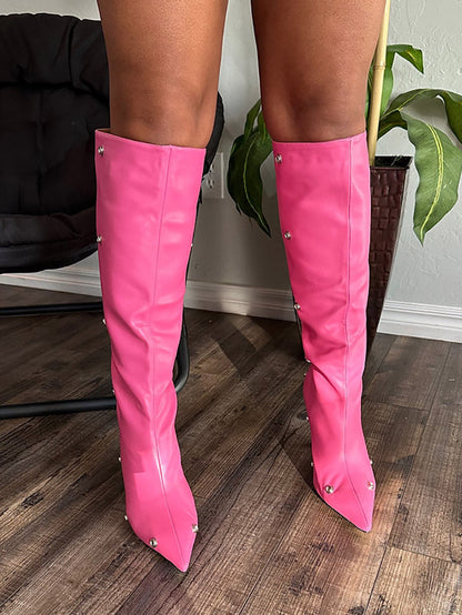 Handcrafted  Leather Press Stud Knee-High Boots Pink / 7.5/8