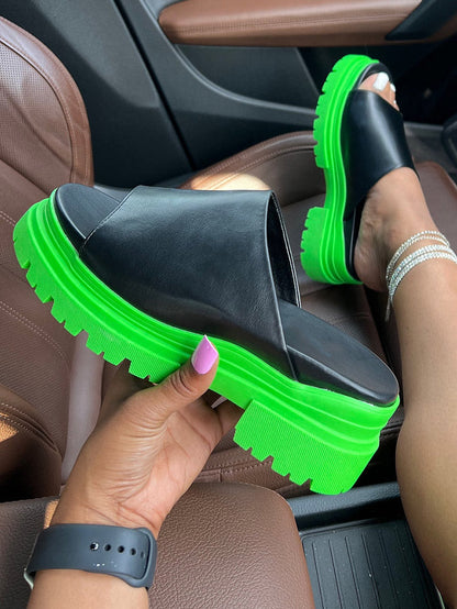 Color Block Chunky Heel Sandals Green / 6.5/7