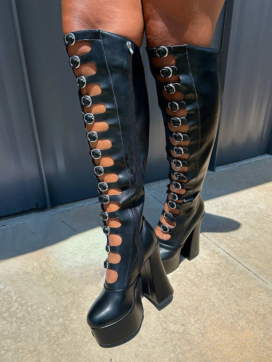 Leather Buckle-Strap Platform Boots Black / 5/5.5