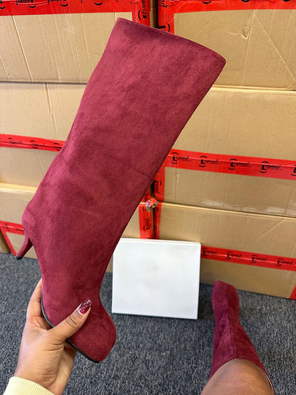 Suede Wide Calf Square Toe Boots Burgundy / 5/5.5