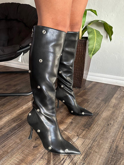 Handcrafted  Leather Press Stud Knee-High Boots Black / 9/9.5