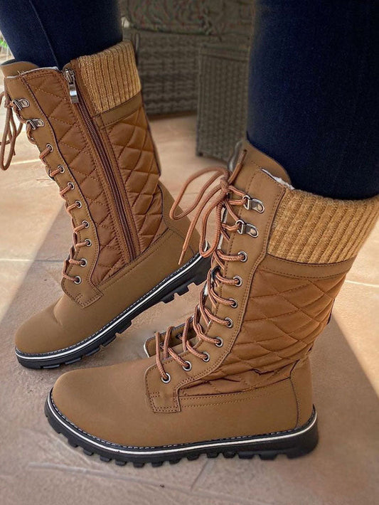 Zipper Design Lace Up Boots Khaki / 5/5.5
