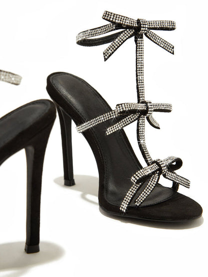Rhinestone Bow Heeled Sandals Black / 10