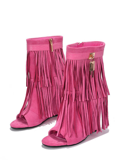 Fringe Open Toe Suede Boots Pink / 6.5/7