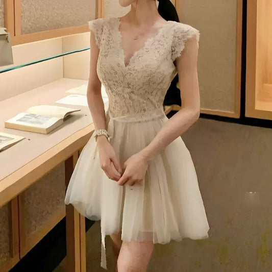 Lace Splicing Mesh Sleeveless Dresses