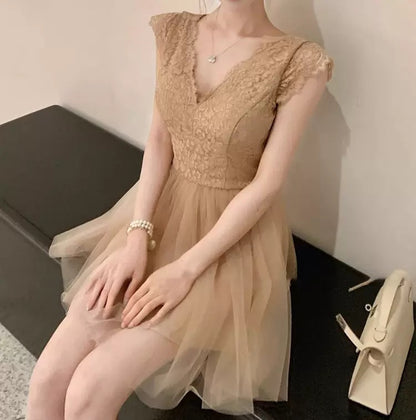 Lace Splicing Mesh Sleeveless Dresses