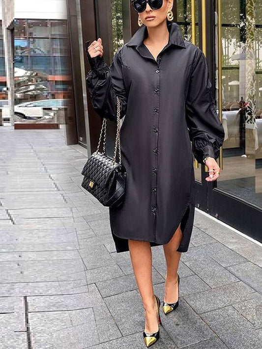 Turndown Collar Long Sleeve Shirt Dress Black / S